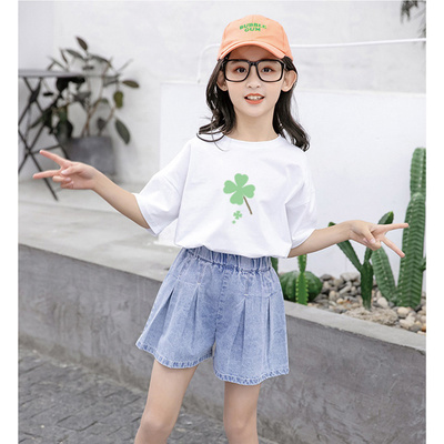 女童短袖牛仔短裤套装夏装女孩中大童小清新