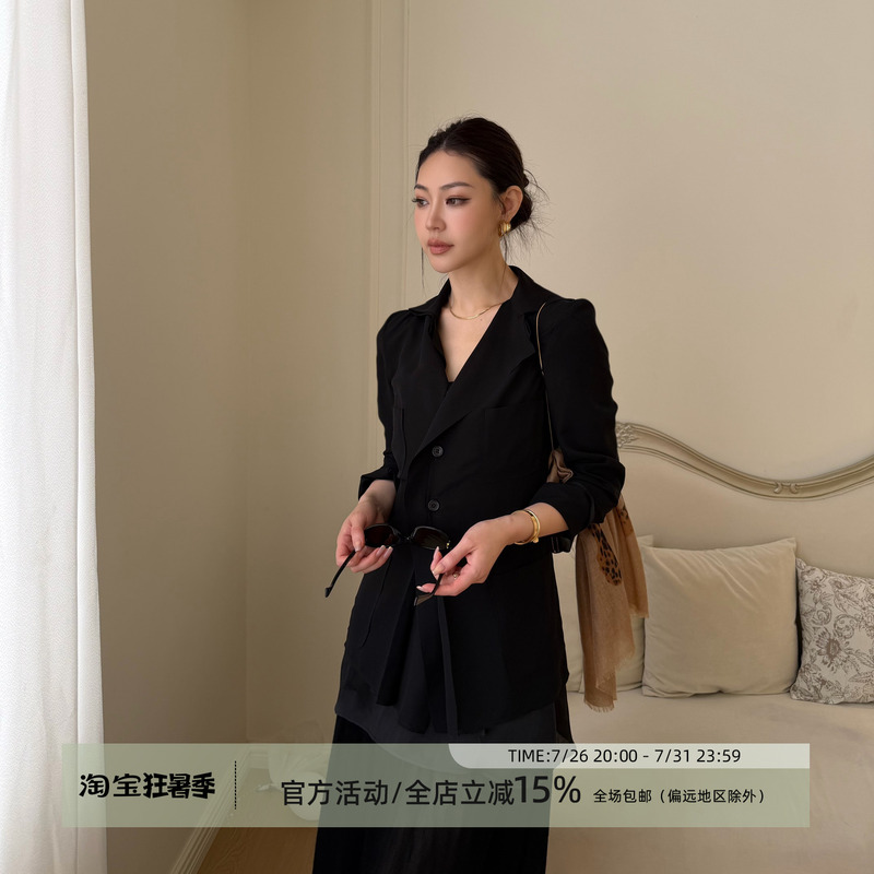 Wang Huanhuan Mslime Stylish and Fashionable Commuter Blazer, Smooth Black Loose Single-Button Casual Small Suit Wang Huanhuan Mslime Stylish and Fashionable Commuter Blazer, Smooth Black Loose Single-Button Casual Small Suit