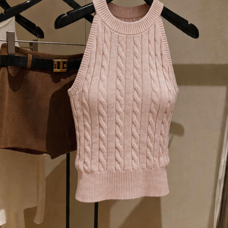 Korean-Style Atmospheric Pink Round-Neck Sleeveless Knitted Vest for Women, Summer Sweet and Gentle Versatile Slim-Fit Top