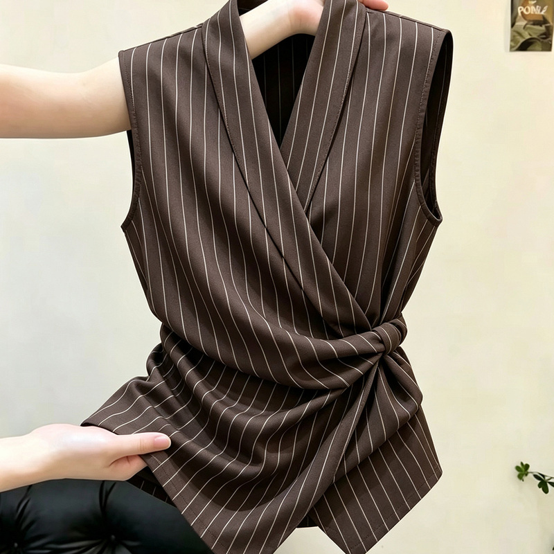 Textured Dark Brown Striped Sleeveless Vest for Women, Summer Style with Tie Waist, Slimming Vest for Layering and Stylish Outerwear Textured Dark Brown Striped Sleeveless Vest for Women, Summer Style with Tie Waist, Slimming Vest for Layering and Stylish Outerwear