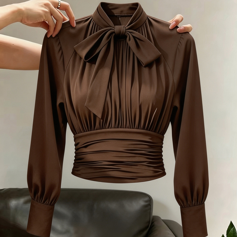Retro Hong Kong Style Brown Collared Pleated Top with Bow for Women Early Autumn Waist-Cinching Short Lantern Sleeve Elegant Shirt