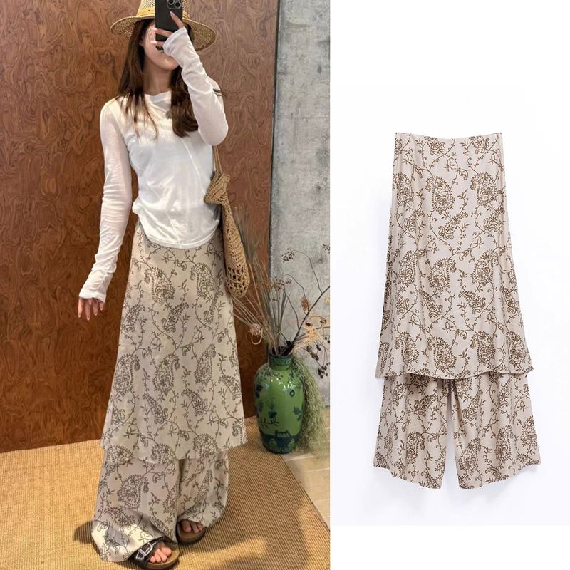 2026 Summer New Fashion Versatile Niche Style Pea Pod Print Faux Two-Piece Skirt Pants Casual Wide-Leg Pants for Women