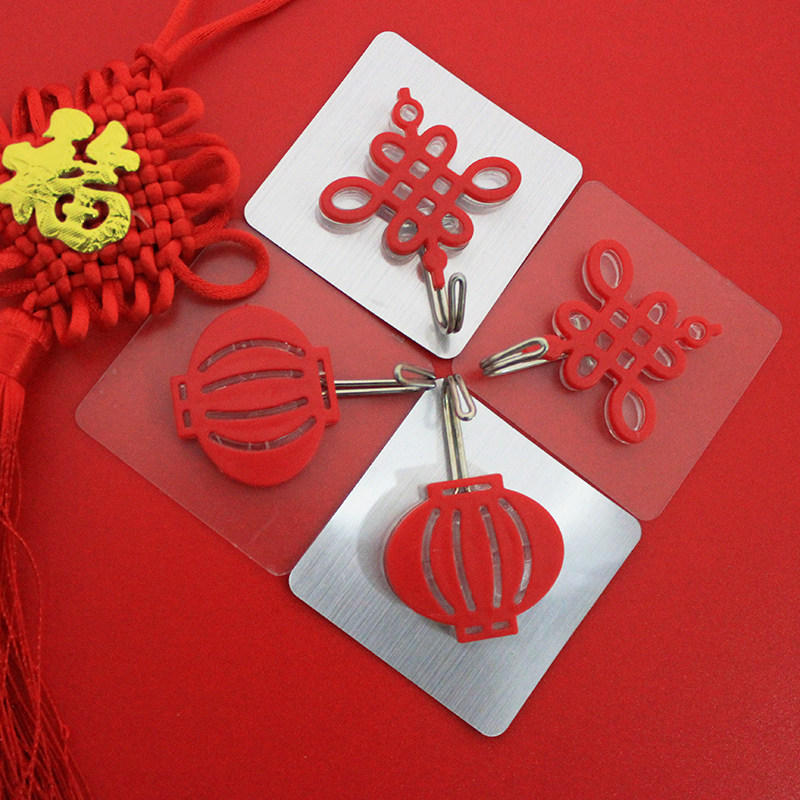 Red hook transparent seamless Chinese knot dressing room strong sticky hook creative door wall storage wall hanging household hook
