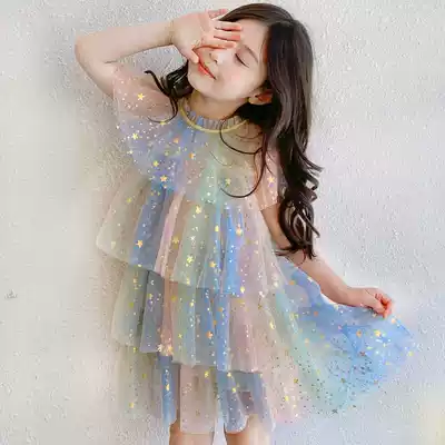 Girls ' dress summer 2021 new Western style puffy mesh skirt little girl rainbow star princess cake skirt