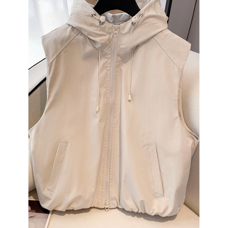 European-Style High-End Solid Color Hooded Windproof and Waterproof Loose-Fitting Vest for Petite Individuals