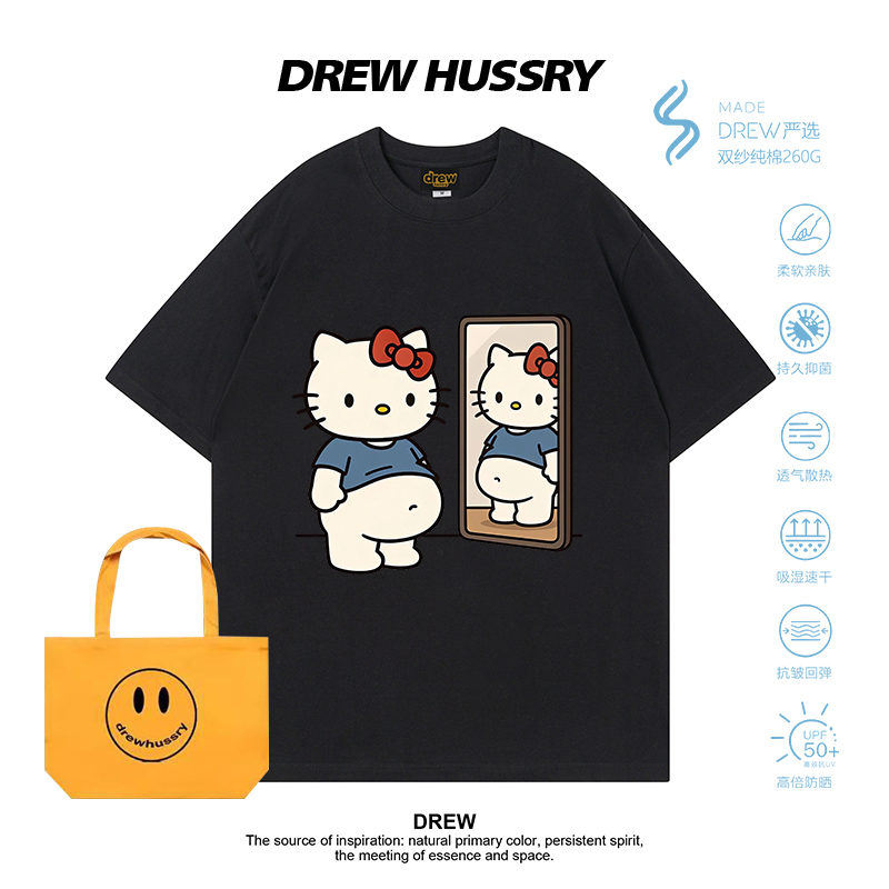 Drew American-Style Cartoon Looking in the Mirror Kitty Print Pure Cotton Short-Sleeved T-Shirt for Men and Women Loose-Fitting Couple Wear Round Neck Half-Sleeve