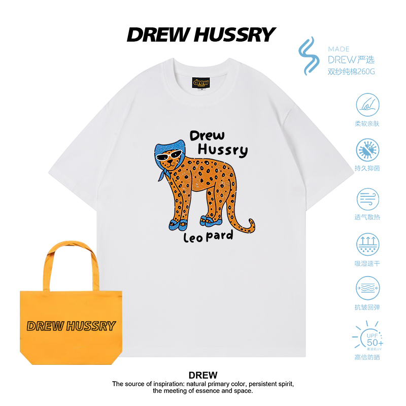 Drew American-Style Cartoon Sunglasses Leopard Print Cat Print Short-Sleeve T-Shirt for Men and Women, Pure Cotton, Loose and Versatile Couple's Top