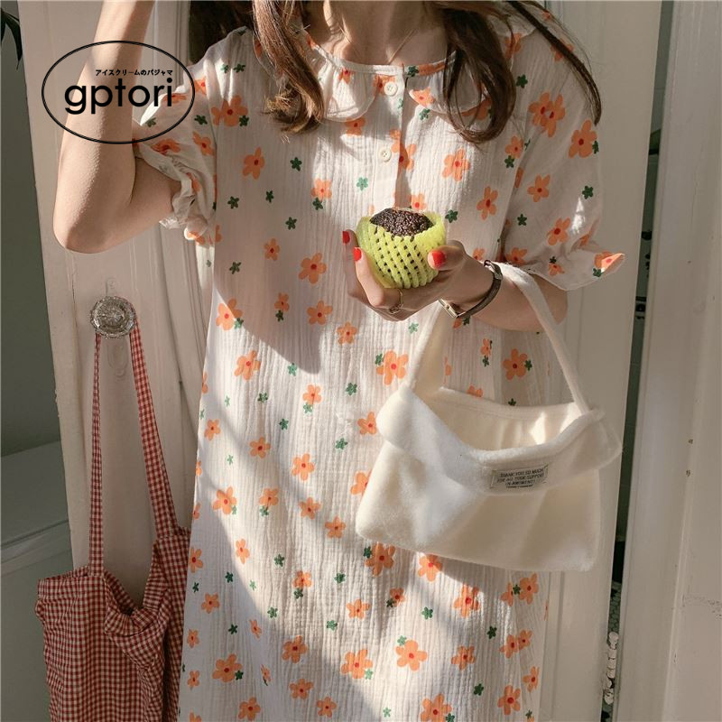 Japanese cotton summer ins style daisy floral short-sleeved nightdress female students can wear home clothes outside casual