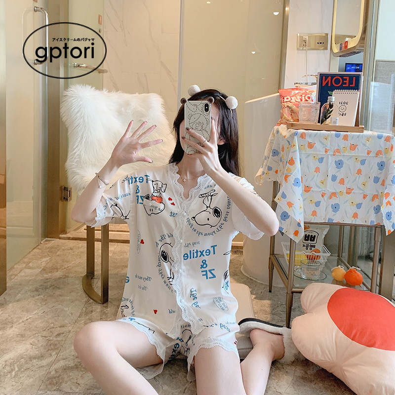 Japanese pajamas women's summer ice silk cartoon Snoopy white two-piece suit 2021 new net red home clothes summer