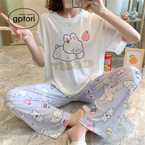 Japanese pajamas women's summer short-sleeved trousers pure cotton comfortable mid-sleeve thin section can be worn outside cute home service two-piece set