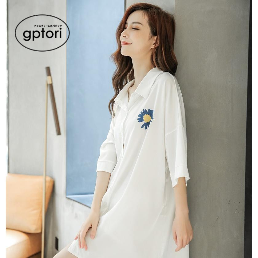 Japanese nightdress female summer ice silk sexy net red style white shirt mid-length skirt boyfriend style thin silk pajamas