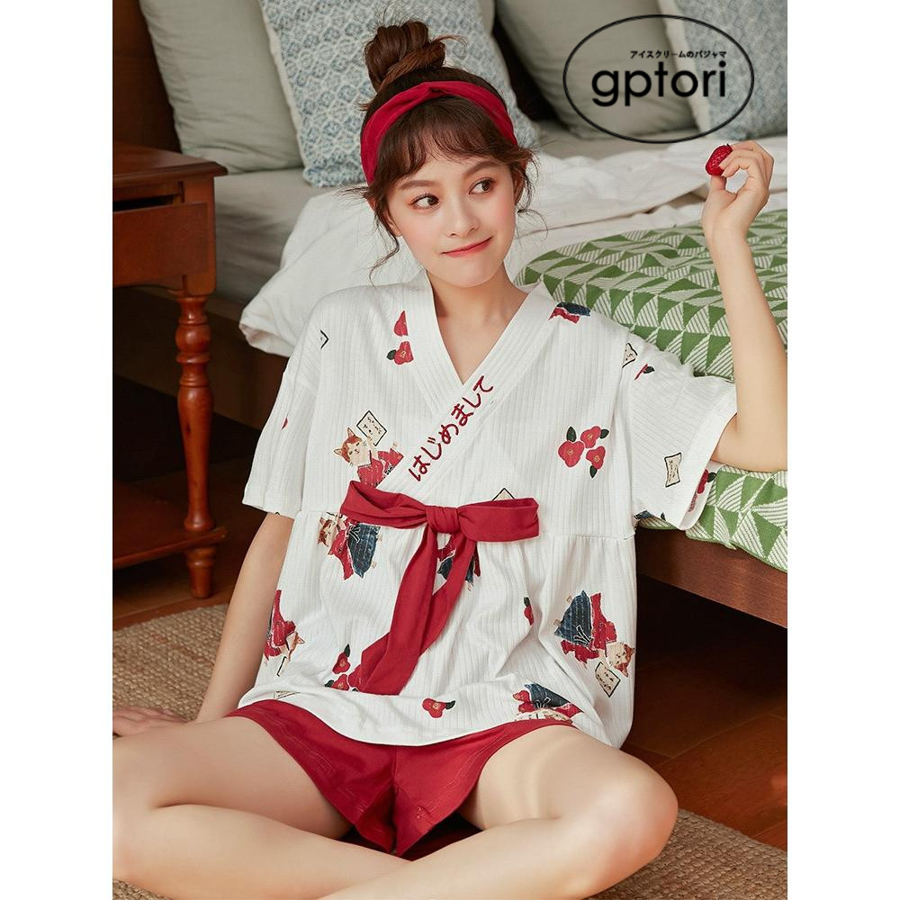 Japanese pajamas women's spring and summer pure cotton short-sleeved original design cute kimono small thin section home service two-piece set