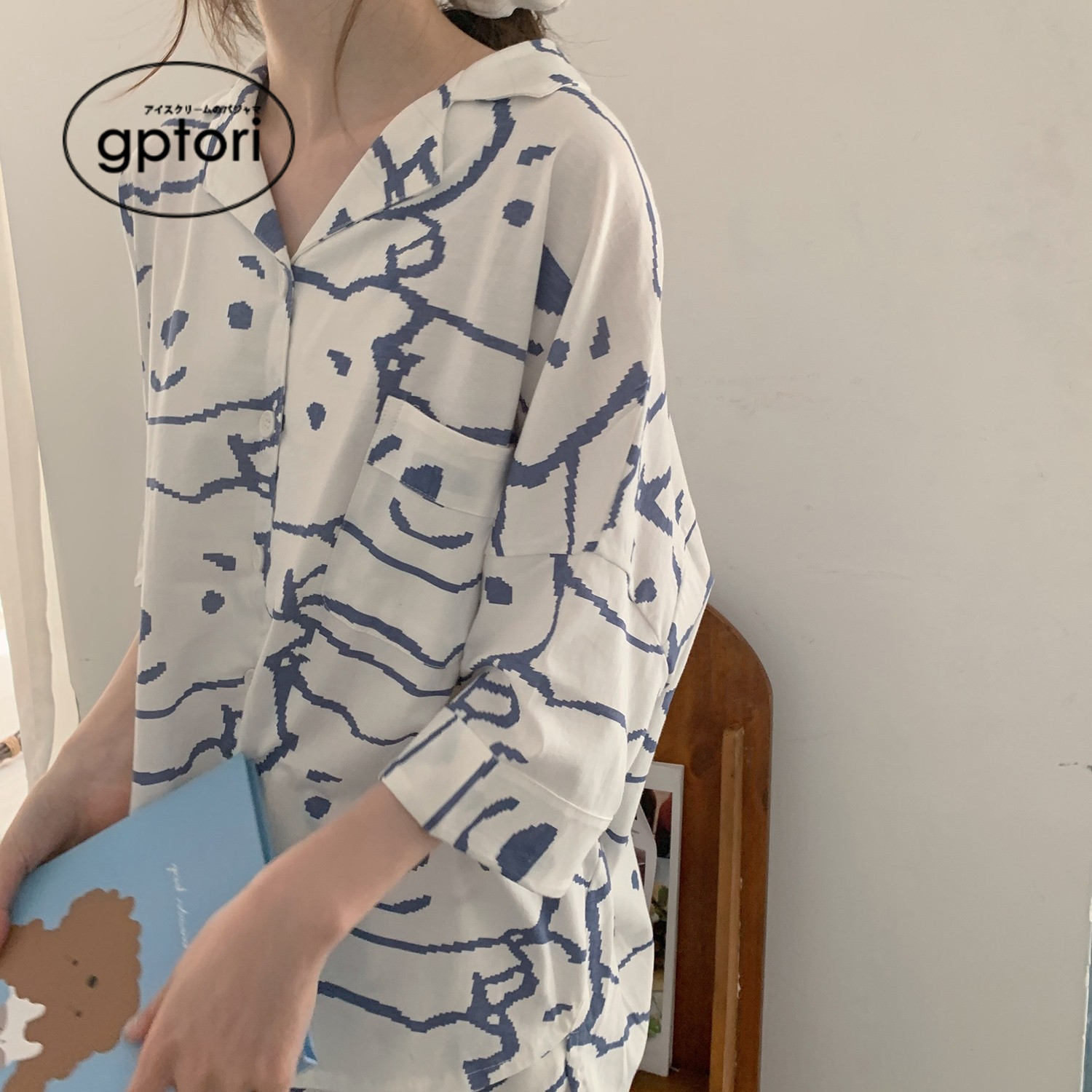 Japanese pajamas women's summer new style can be worn outside cute simple pen bear loose short-sleeved cardigan shorts home service