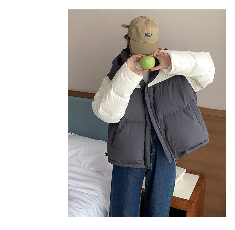 撞色羽绒棉服女2023新款冬季韩系宽松小个子短款连帽棉衣面包服厚详情11