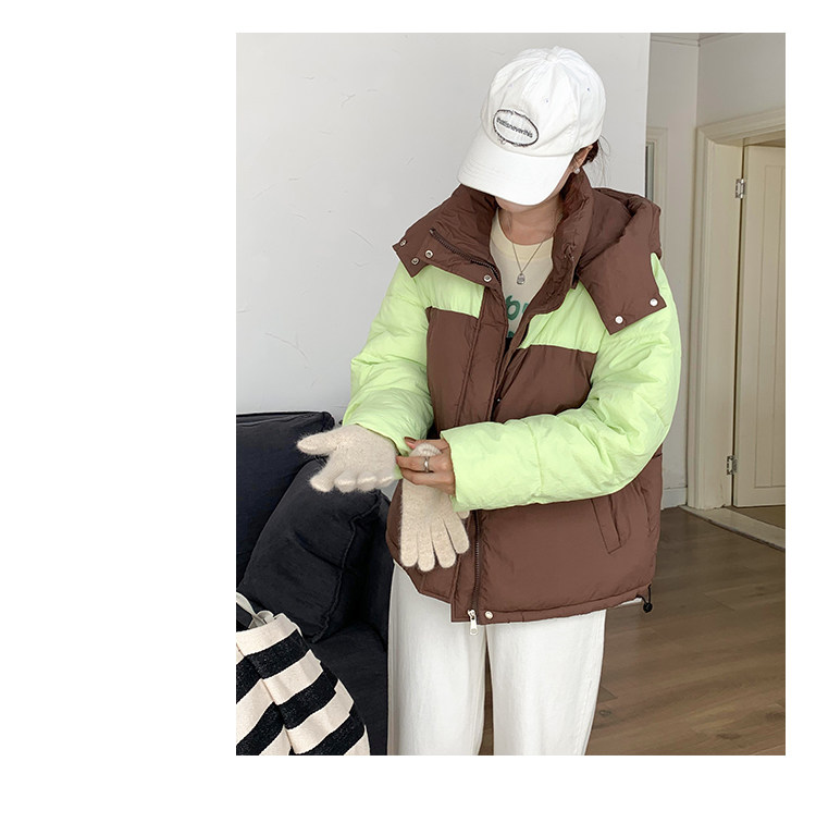 撞色羽绒棉服女2023新款冬季韩系宽松小个子短款连帽棉衣面包服厚详情23