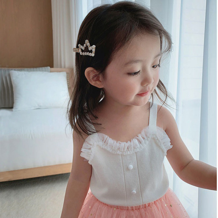 Girl baby 2022 summer new girl wool fresh gas sling with Han - paste lotus edge hanging shirt