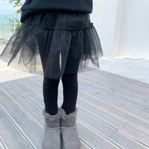 2022 Girls punch trousers plus velvet autumn new childrens fake two pieces of wearer dress baby pants