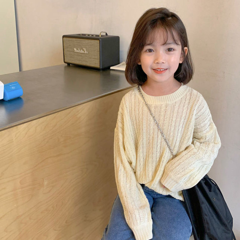 2022 New Children's Baby Girls Korean Sweater Versatile Spring and Autumn Western Style Round Neck Knit Sweater Loose Top