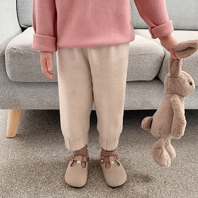 Girls' pants spring and autumn warm western style wool solid color comfortable knitted casual beam pants bottoming baby grandma pants