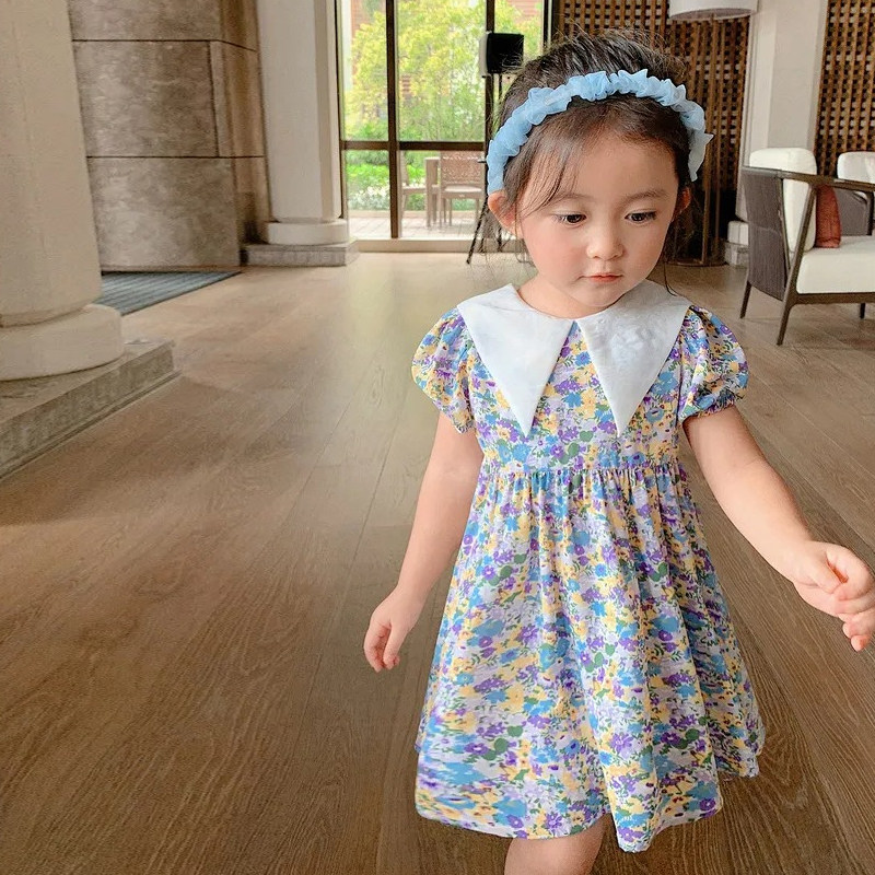 2022 new girl summer dress dress girl baby thin retro breathable sweet floral skirt princess skirt