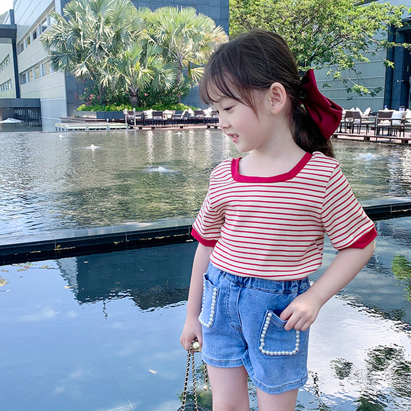 Girls pure cotton short sleeves 2022 new children's summer dress T - shirt baby striped summer thin coat - clothes net red children's clothing