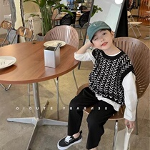 Child Clothing Spring Clothing Korean version Fashion suit Bottom Casual Blouse Children Banged knit Horse A wide leg pants Three sets