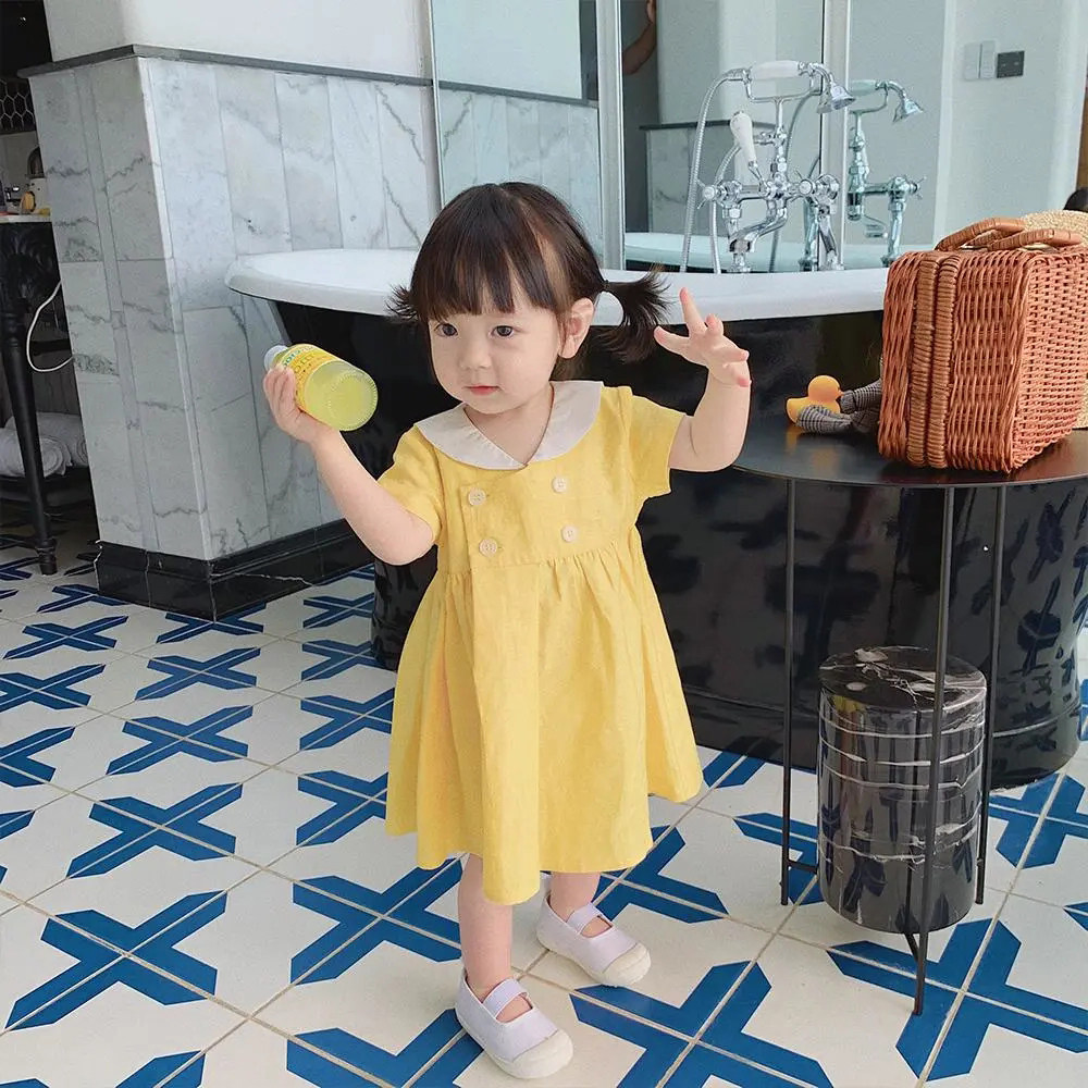 Summer Korean short-sleeved Chinese style girl baby cute little girl Western style skirt doll collar button dress