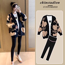 Maternity suit going out mid-length cardigan windbreaker coat knitted sweater top loose spring autumn winter three-piece set
