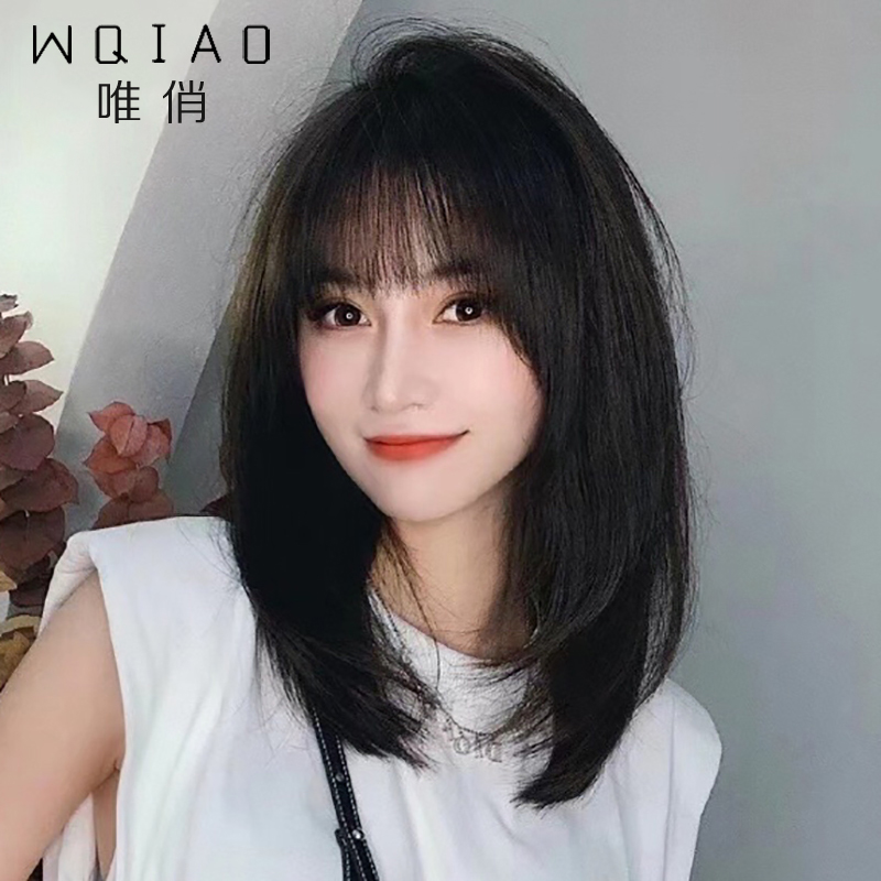 Wig female short hair medium long hair round face net red fashion natural real hair temperament layered clavicle hair wig set