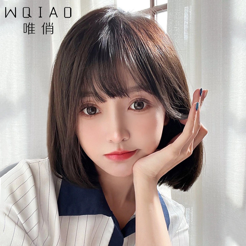 Wig female short straight hair natural student fashion real hair real hair bald head chemotherapy breathable wig headgear