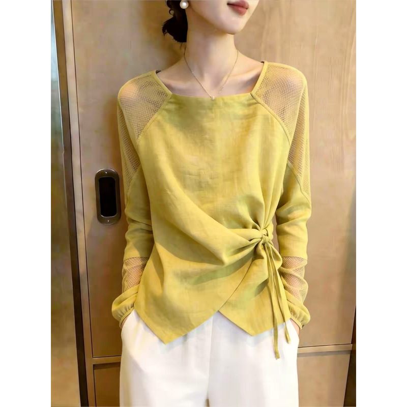 Korean-Style Yellow Mesh Patchwork Top for Women, Tie-Waist, Slimming, Age-Reducing, Versatile for Commuting, New Summer 2026 Model
