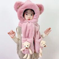 Winter baby plus velvet thickened ear protection warm plush gloves scarf all-in-one childrens hat boys and girls three-piece set