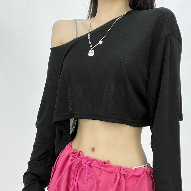 Jazz Dance Clothing European and American Short Style Navel-Baring Off-Shoulder High-Waisted Knitted T-Shirt Loose Top for Women