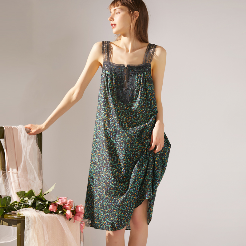 XEXZ Sleeping Skirt Summer Daughter 2023 New Thin section Harness Cotton Pure Color Lace splicing pure cotton pyjamas summer style-Taobao