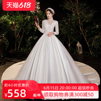 Style satin main wedding dress 2021 new bridal tug tail minimalist atmospheric high level sensation retro small sub long sleeve