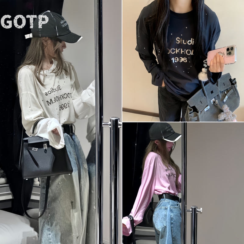 Gotp Shenzhen Nanyou Export Edition 1996 Heavy Industry Rhinestone Letter Print/Velvet T-Shirt Long Sleeve Short Sleeve