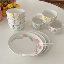 ins milk oil color relief solid tulip retro style ceramic dinner plate breakfast bowl mark cup home cutlery