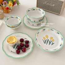 Korean Style Wind Dinner Plate Ins Wind Ritual Sensation Plate Disc Small Cake Dish Ceramic Cutlery Rice Bowls Sweet Bowl Western Meal