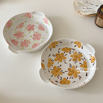Retro style hand painted flowers with double earthen hand knead irregular shallow mouth bowls and windy domestic ceramic dinner plate swinging dishes