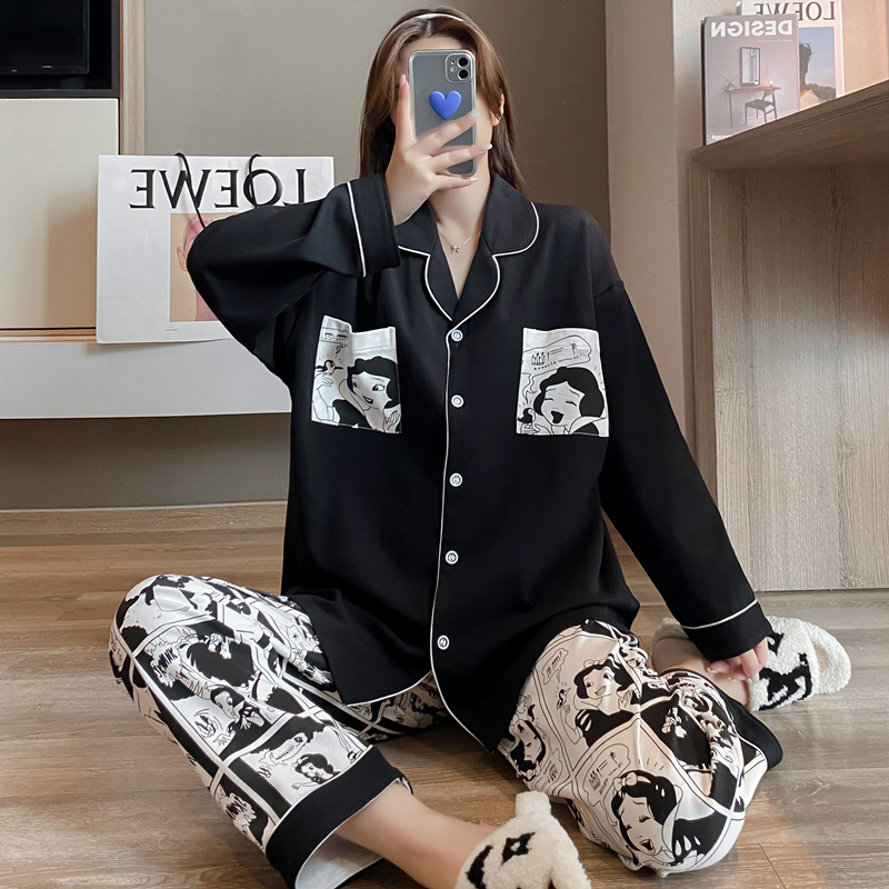 Large size pyjamas woman pure cotton cardiovert long sleeve long pants loose spring autumn season 200 catty MM cartoon Home Suits Suit-Taobao