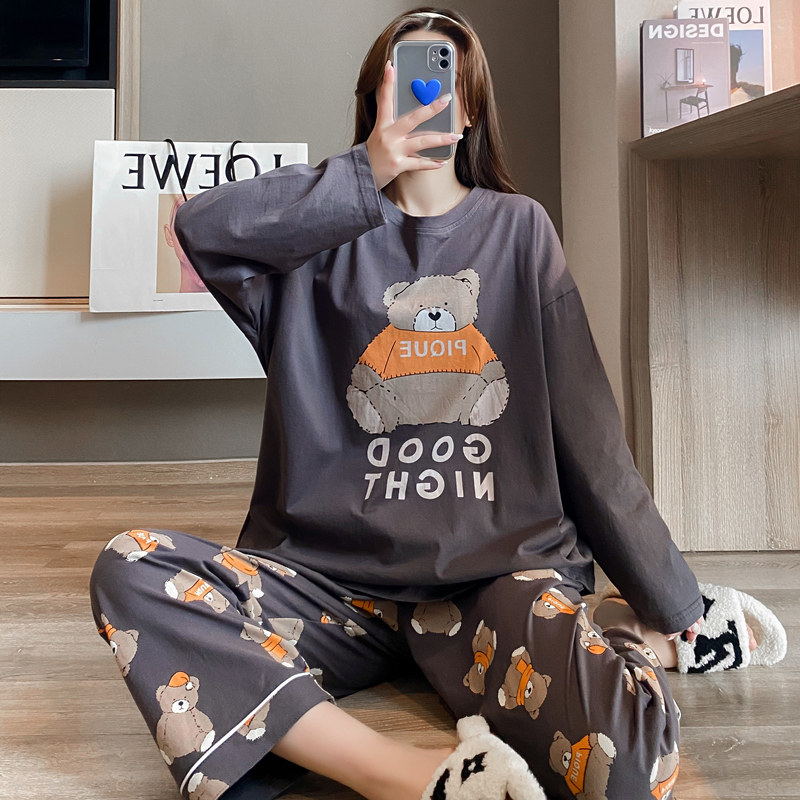 Round Collar Cartoon Pyjamas Woman 200 Catty Spring Autumn Season Pure Cotton Long Sleeves Increase Overweight Girl Brother-in-law Easy Home Suit-Taobao