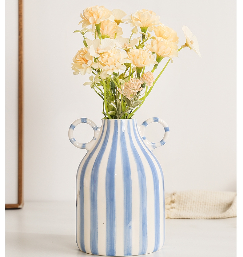 Hand-painted vase with double ear pottery jars flower arrangements Mediterranean decoration European and American pendulum pieces flower real flower ceramic bottle-Taobao