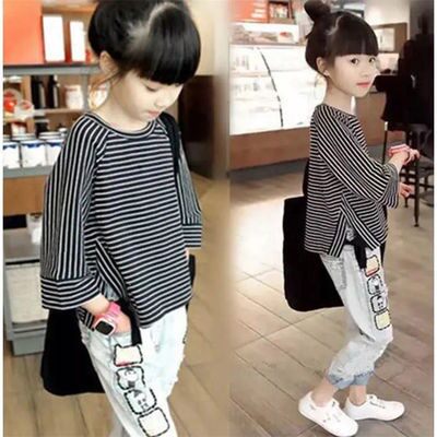 Girls Autumn Long Sleeve New Relax T-shirt Han Edition Girl Ocean Seven-sleeve Strip Stripe Stripe for Spring and Autumn Costumes