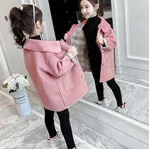 Girls woolen coat spring 2021 new Korean version of childrens clothing Western style little girl medium and long childrens woolen coat