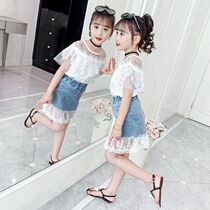 Girls summer clothes 2021 new suit childrens summer fashionable net red girl Western style summer denim skirt two-piece set