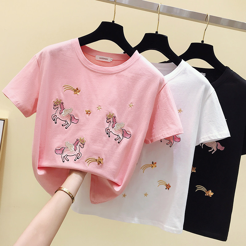 Girls short-sleeved t-shirt children's foreign style embroidery summer dress small and medium-sized children's children's clothing 12-year-old girl fashionable top