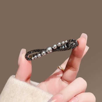 Temperament Pearl Hairpin Women's Black Bow Metal Hairpin High-End Side Clip Bangs Clip Casual Duckbill Clip