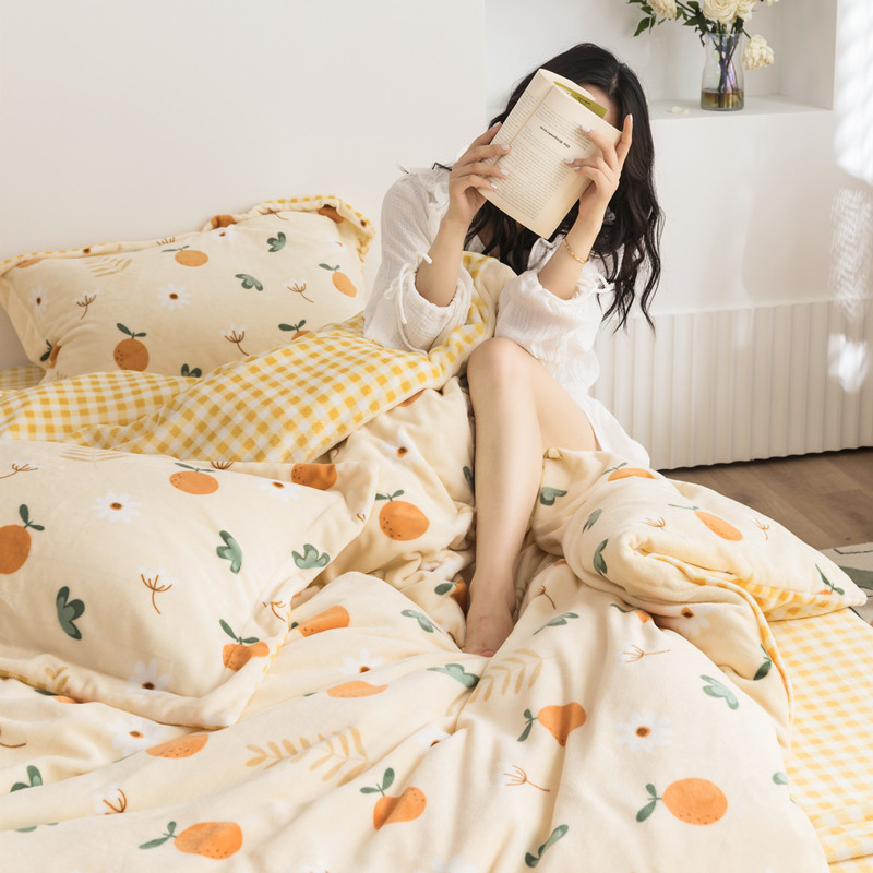 Winter milk velvet orange a lot of four-piece coral fleece warm flannel sheets quilt cover bedding printing