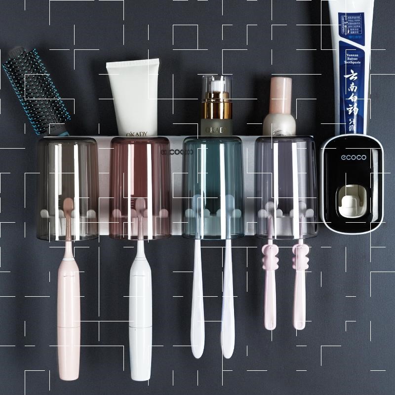 A toothbrush rack, a family of five household teeth, a family of three Red children's mouthwash cups
