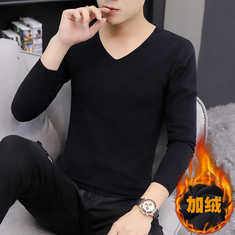Youth autumn and winter heating clothing men's V-neck seamless bottoming shirt wear close-fitting autumn clothes thin velvet one-piece top